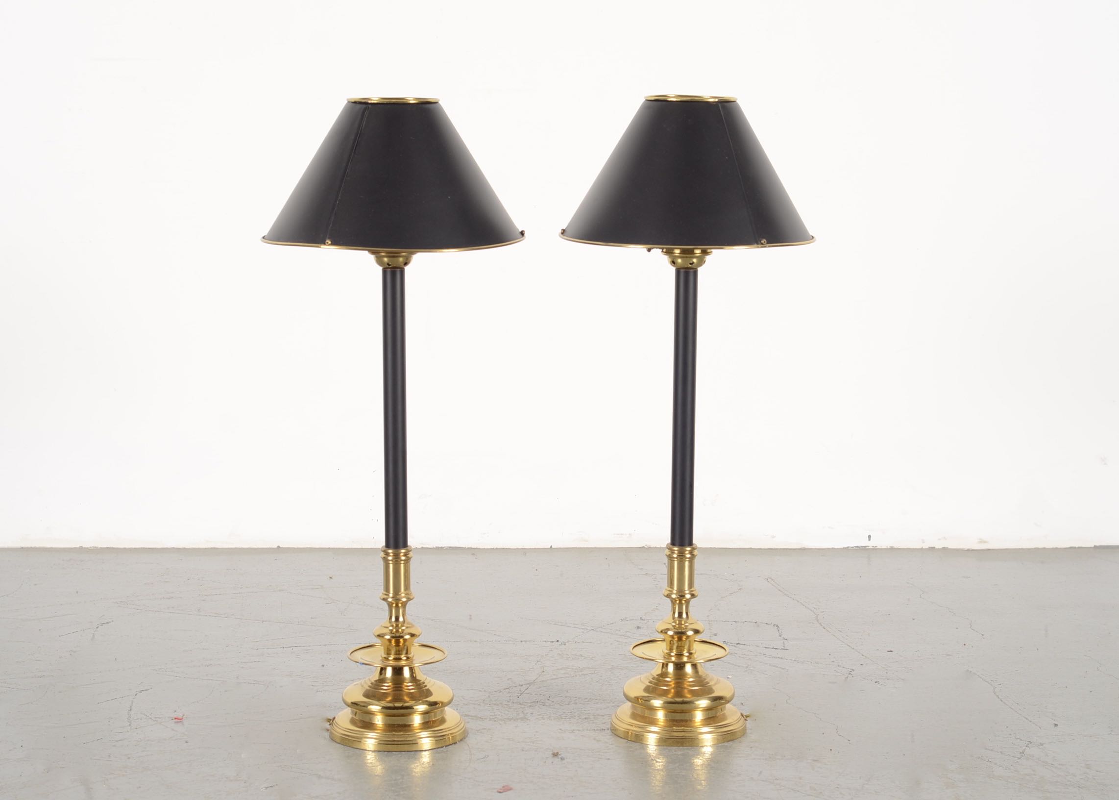 Pair of Stiffel Black and Brass Buffet Lamps
