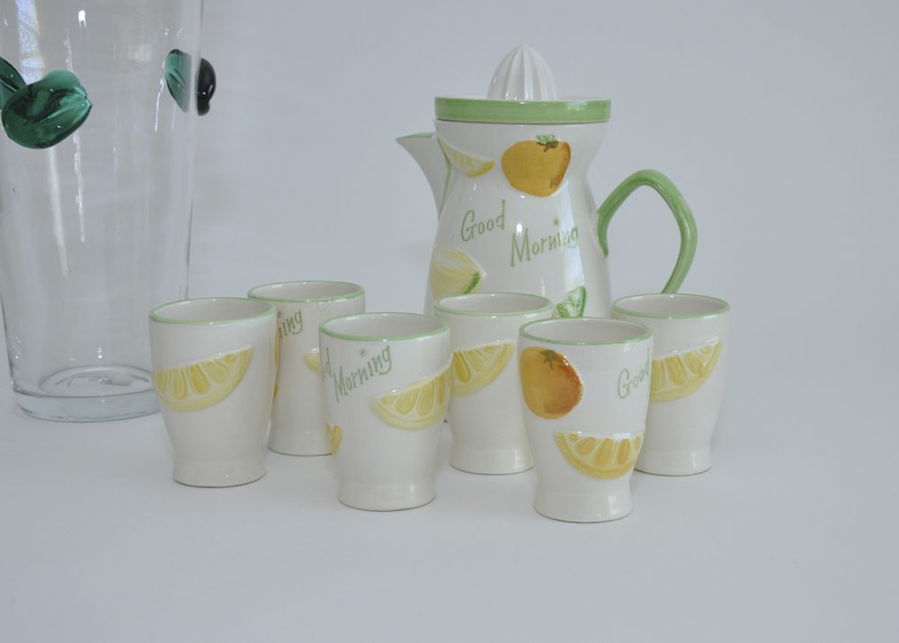 Blenko Glass Vase, Ceramic Pitcher and Cups and an Antique Bottle