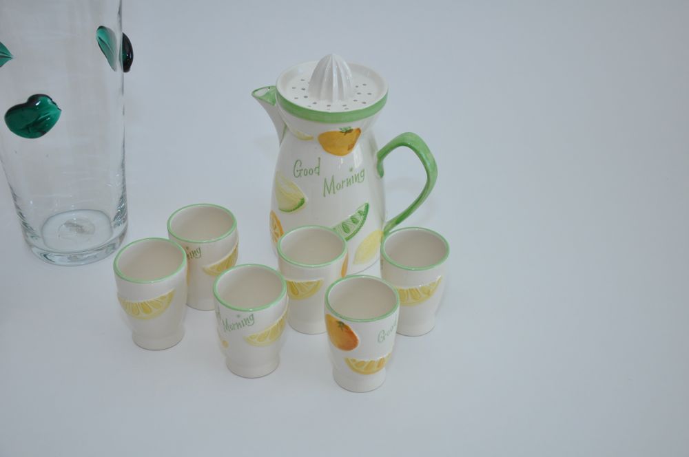 Blenko Glass Vase, Ceramic Pitcher and Cups and an Antique Bottle