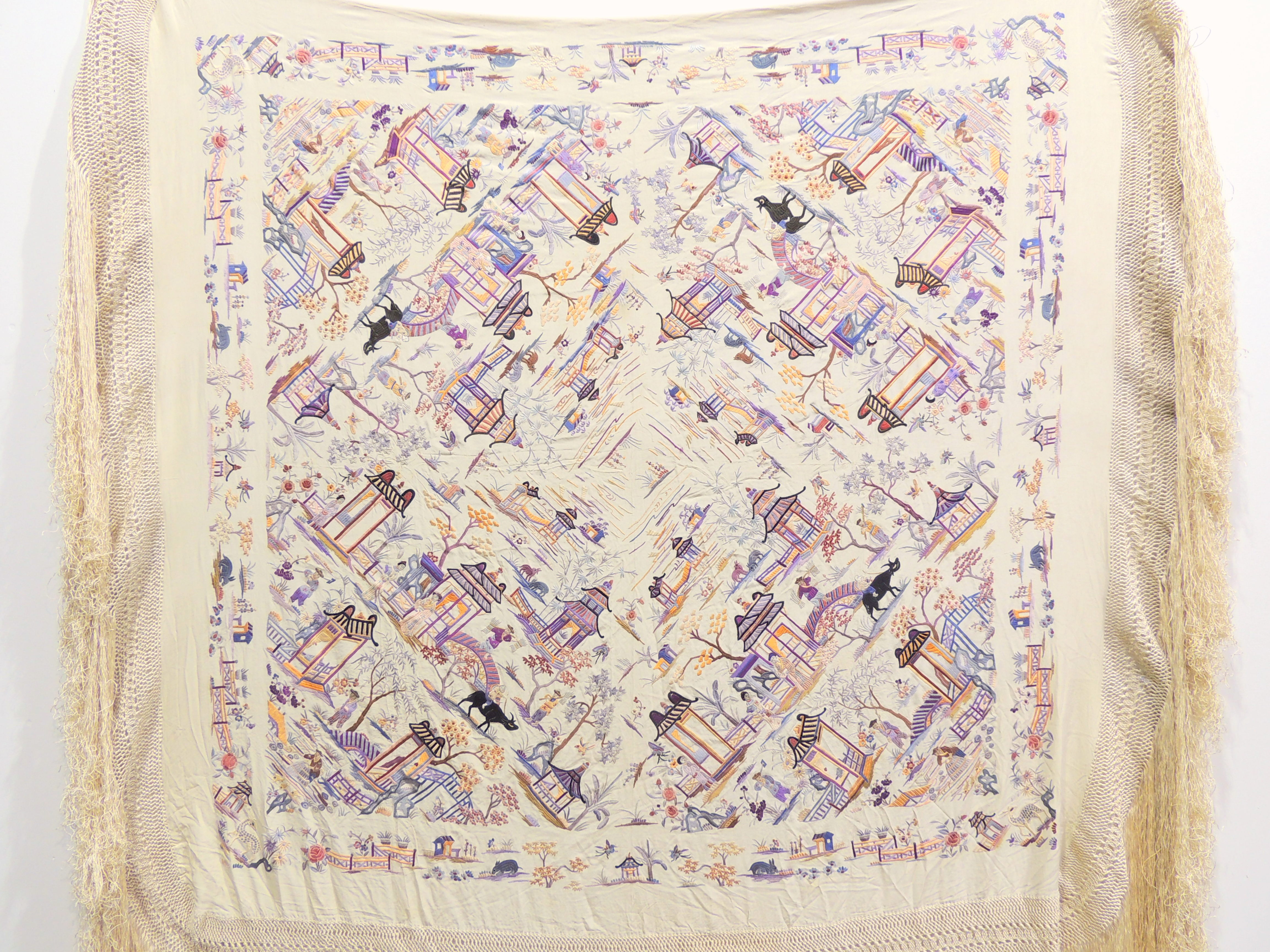 Vintage Chinese Hand Embroidered Silk Piano Scarf/Shawl