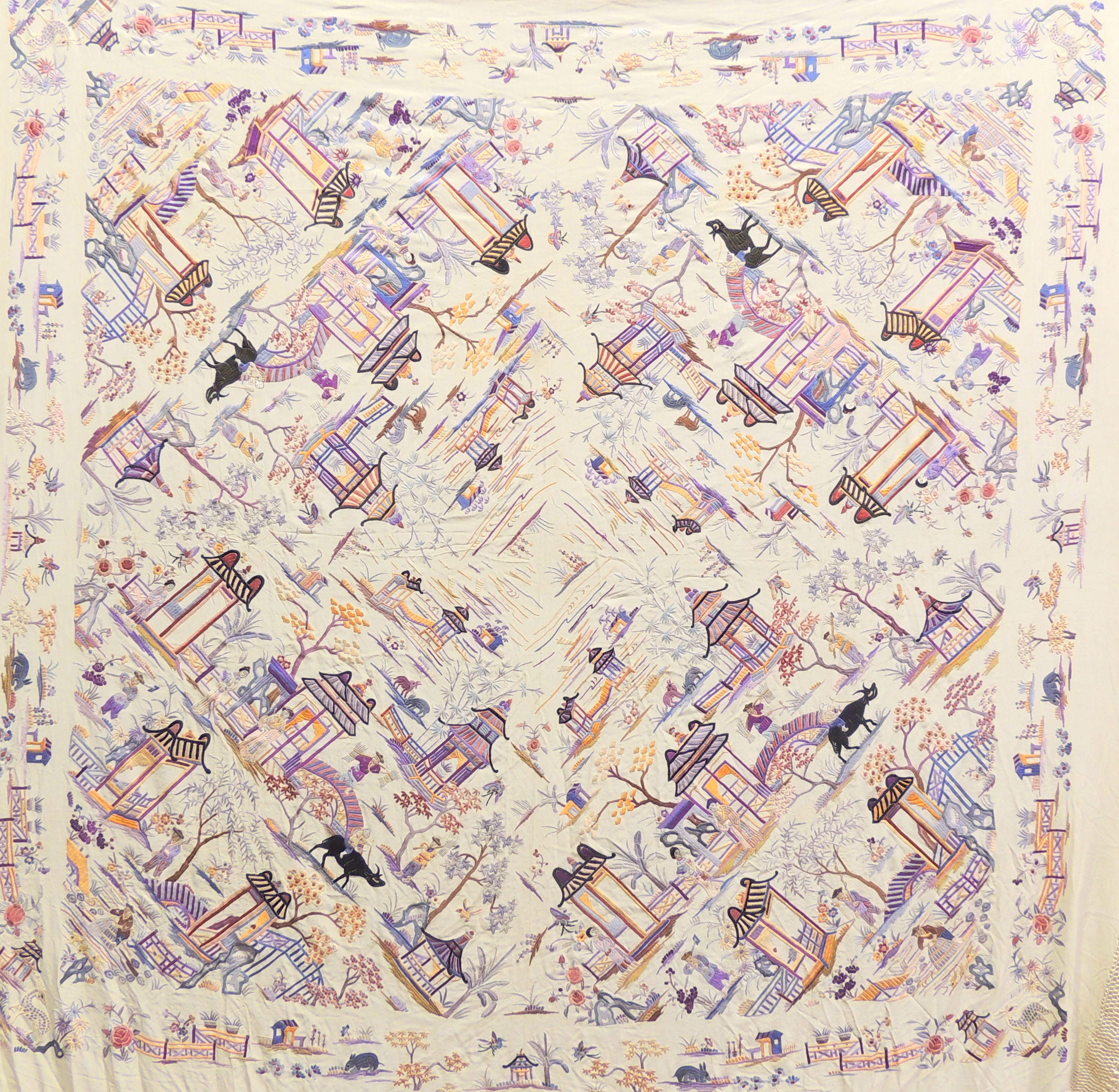 Vintage Chinese Hand Embroidered Silk Piano Scarf/Shawl