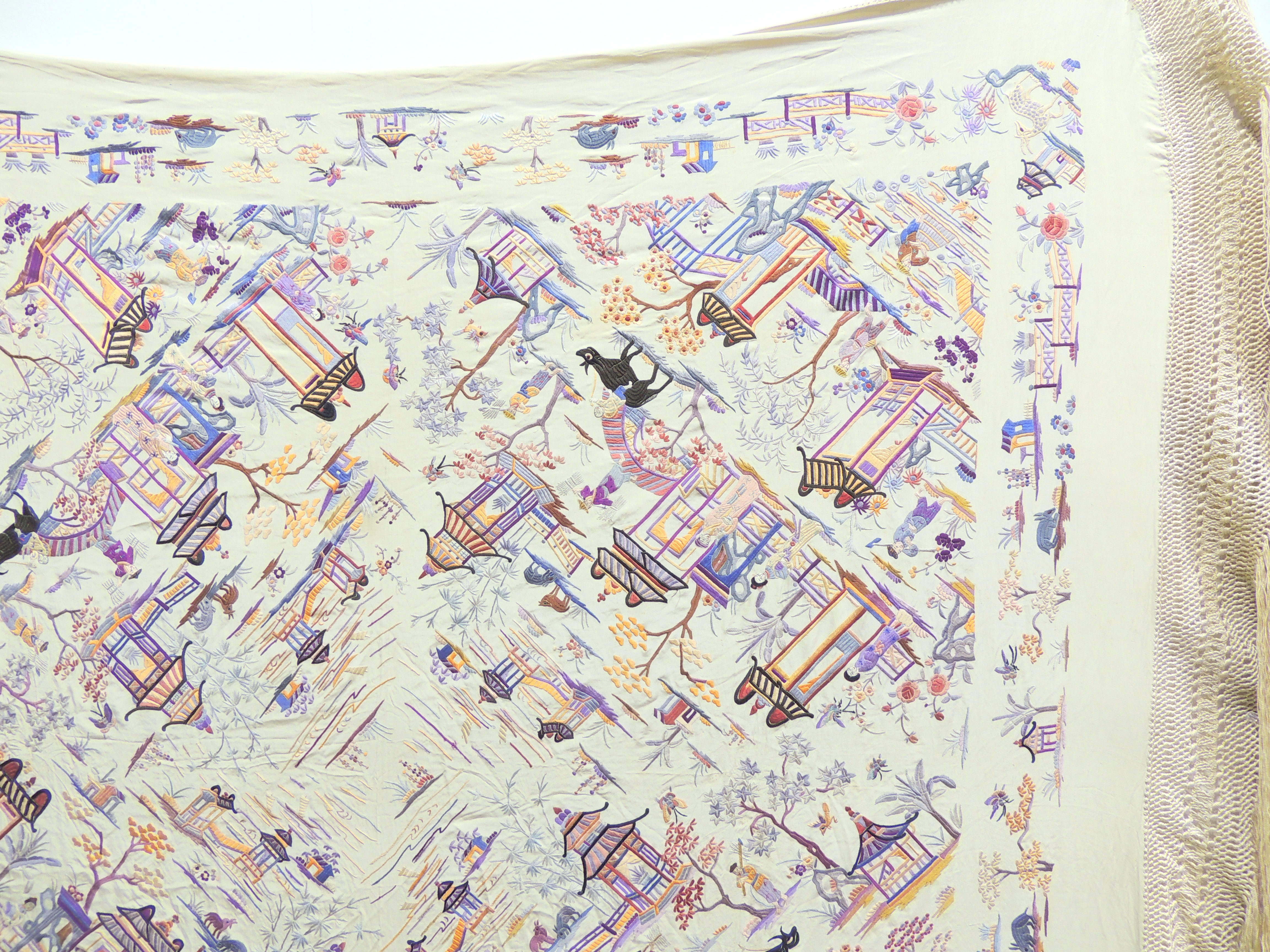 Vintage Chinese Hand Embroidered Silk Piano Scarf/Shawl