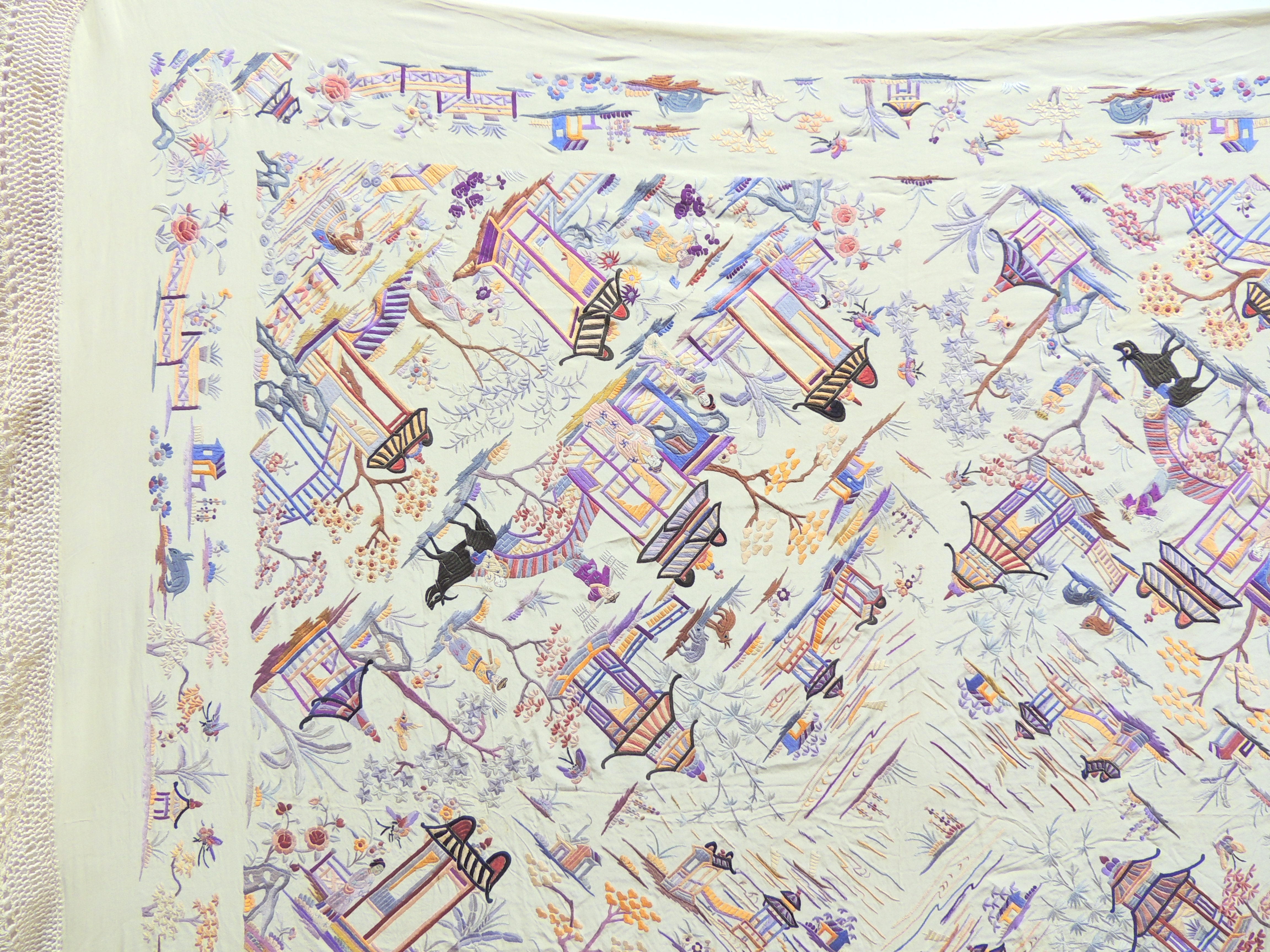 Vintage Chinese Hand Embroidered Silk Piano Scarf/Shawl