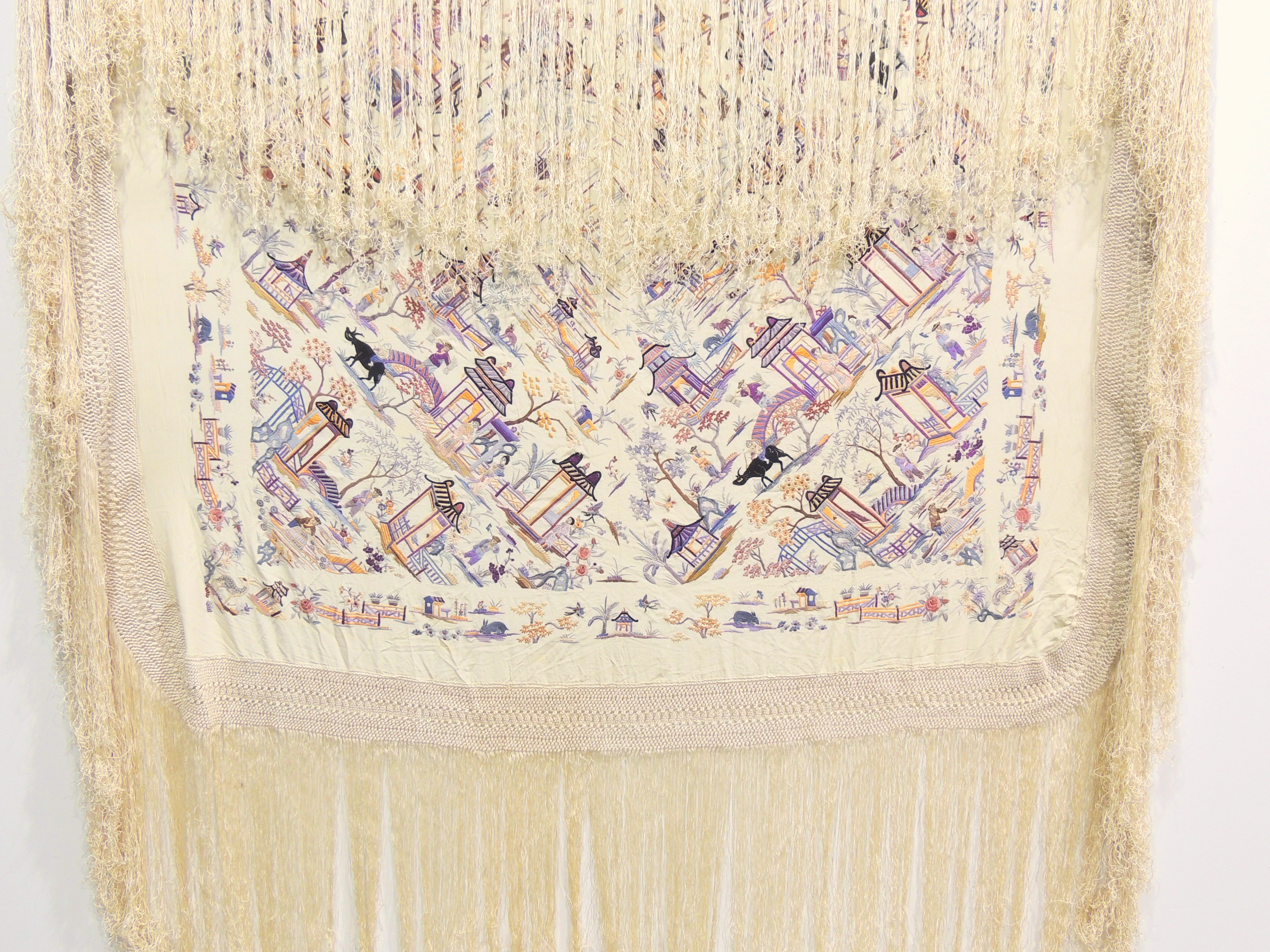 Vintage Chinese Hand Embroidered Silk Piano Scarf/Shawl