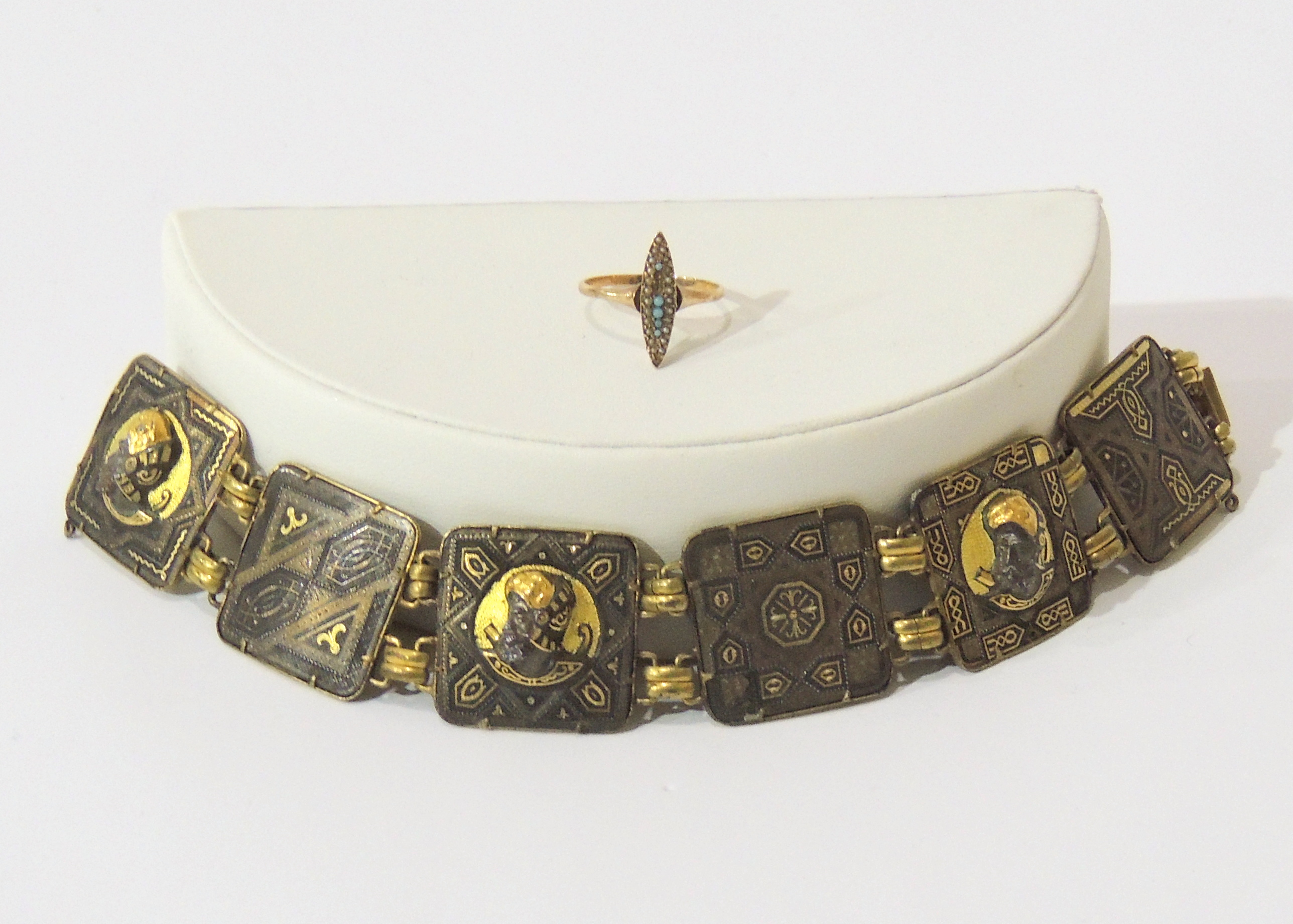 Damascene Style Niello Persian Cameo Bracelet and Gold Ring