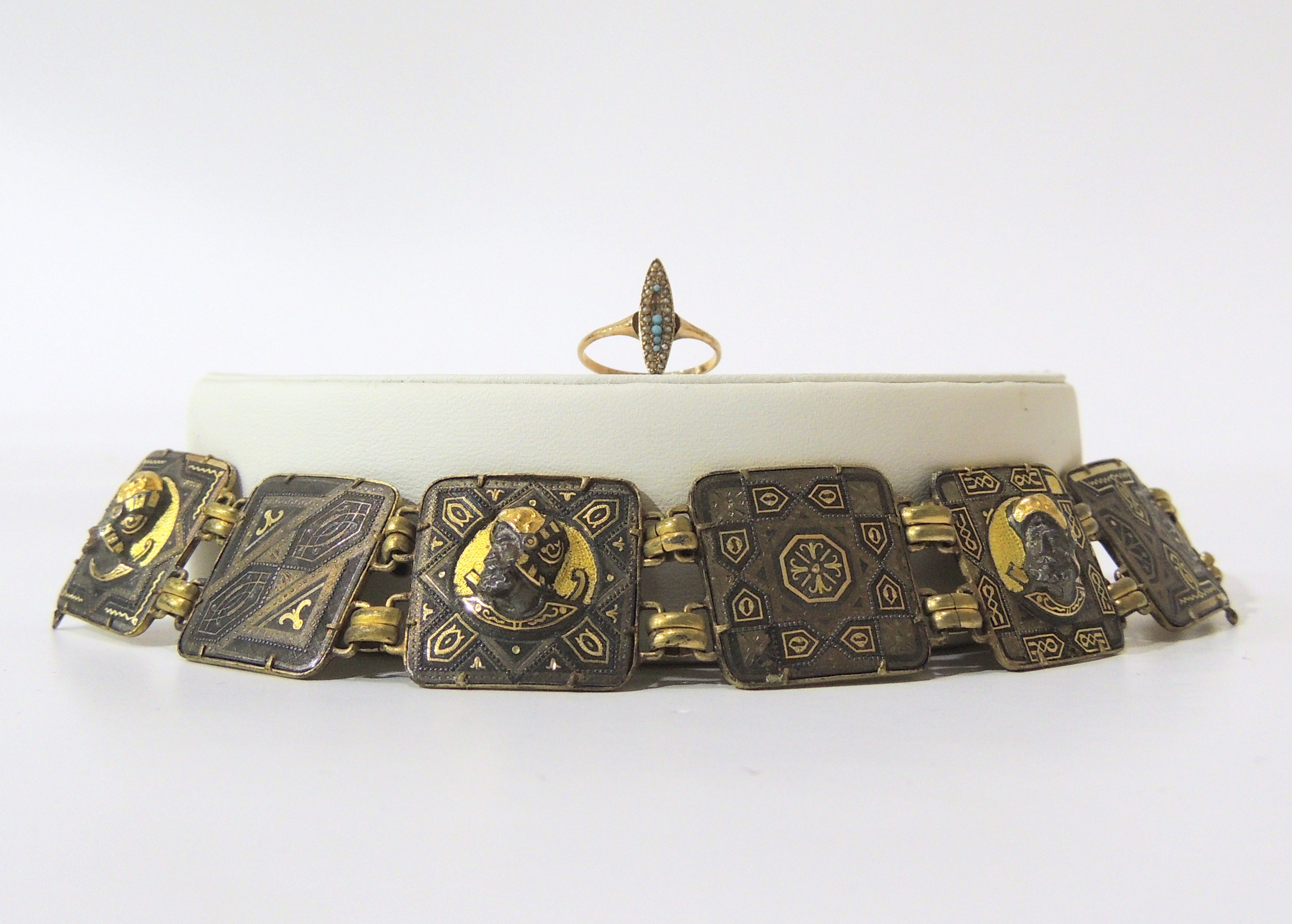 Damascene Style Niello Persian Cameo Bracelet and Gold Ring