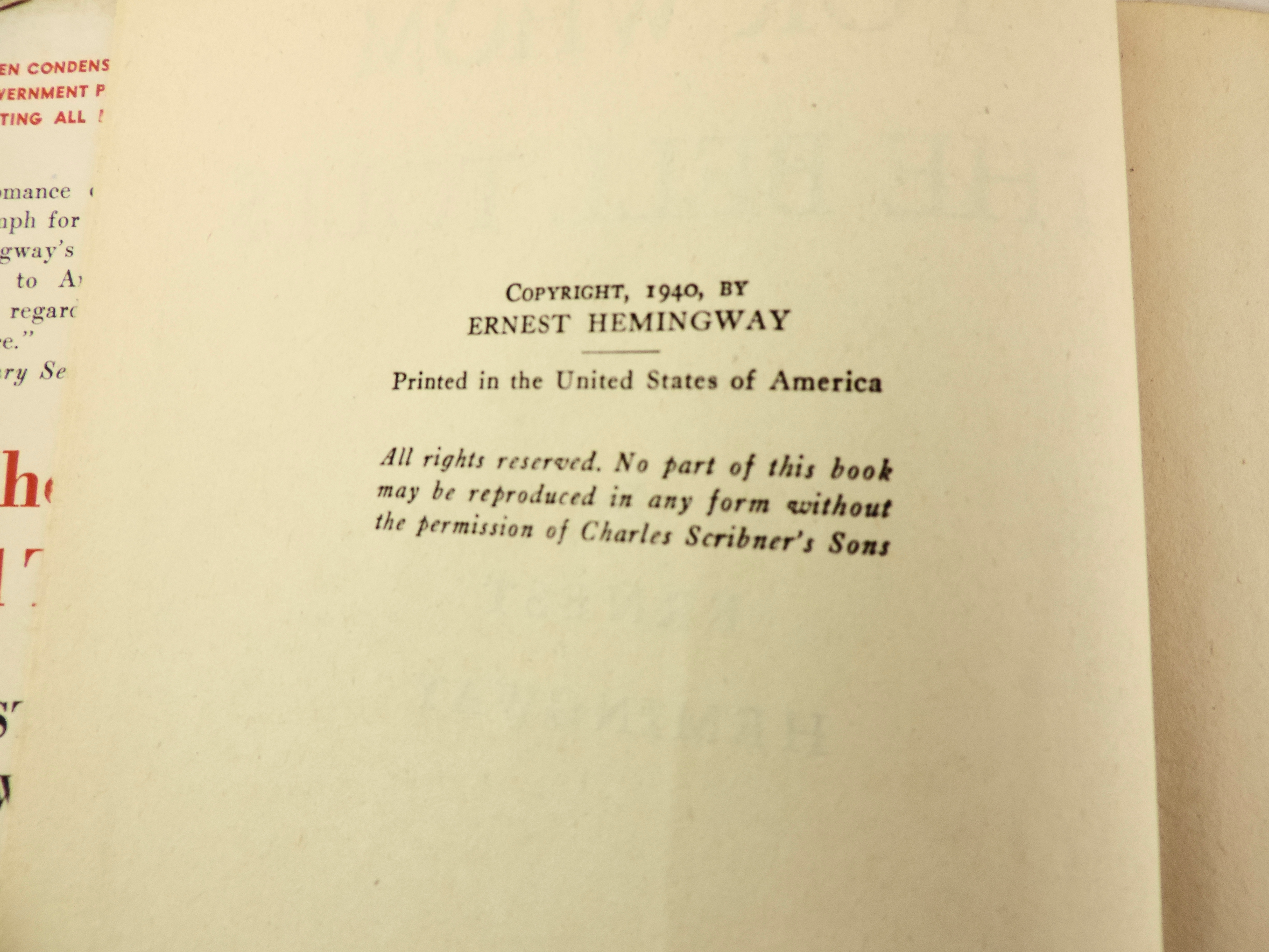 Ernest Hemingway "For Whom The Bell Tolls" 1940