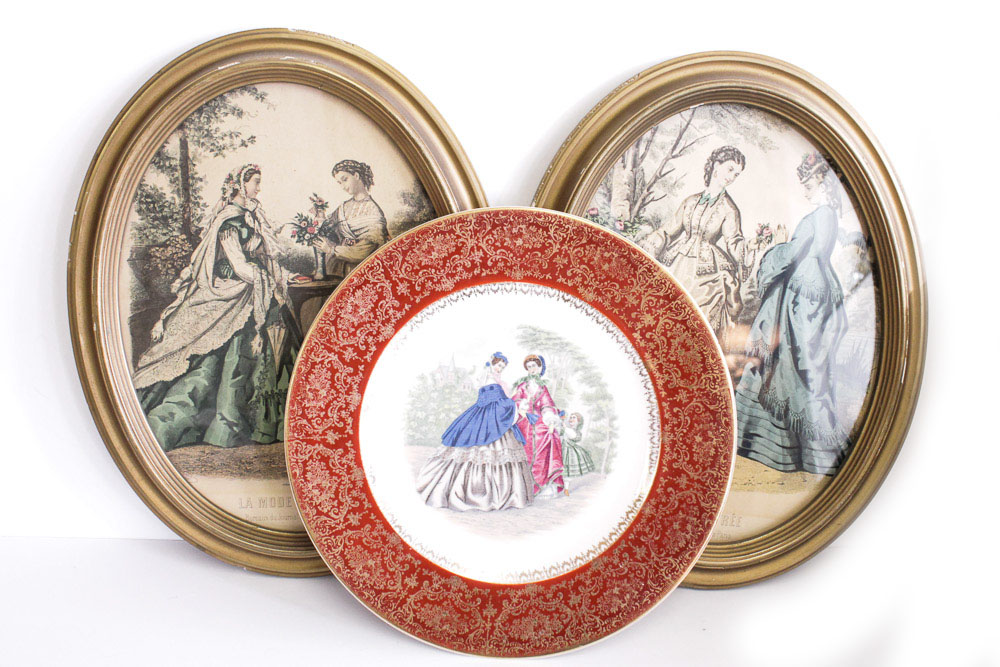 Pair of Vintage Fashion Prints and Decorative Plate