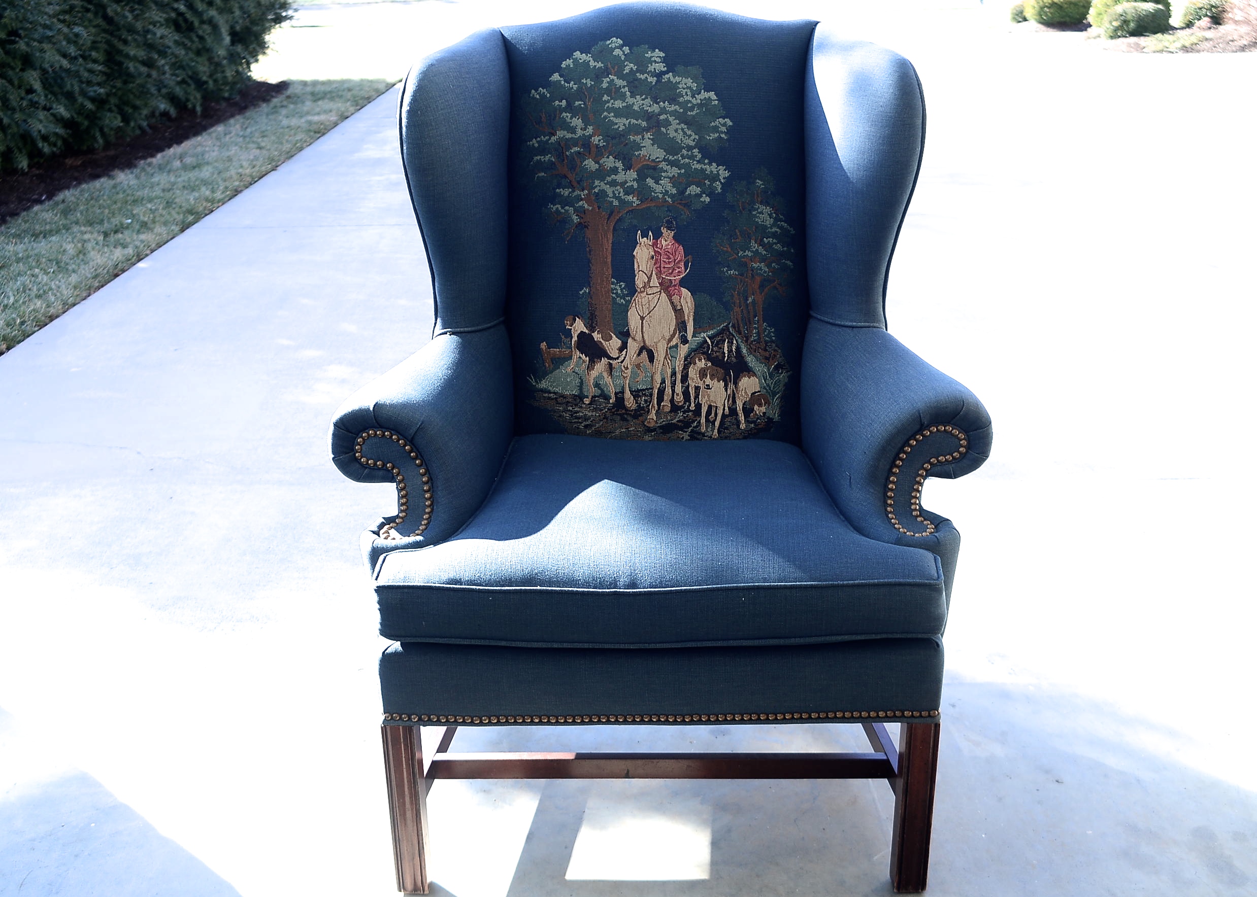Large Fireside Fox Hunt Scene Wingback Chair