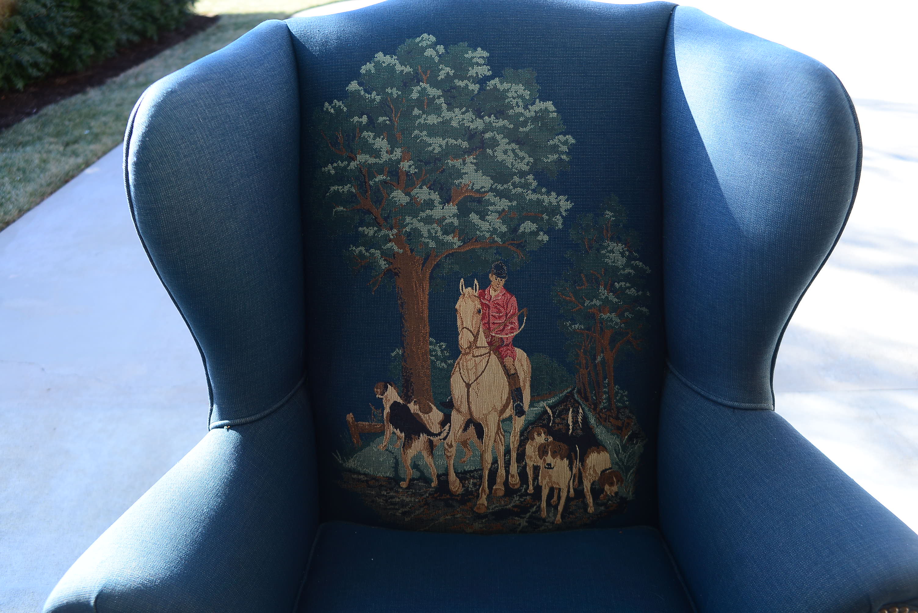 Large Fireside Fox Hunt Scene Wingback Chair