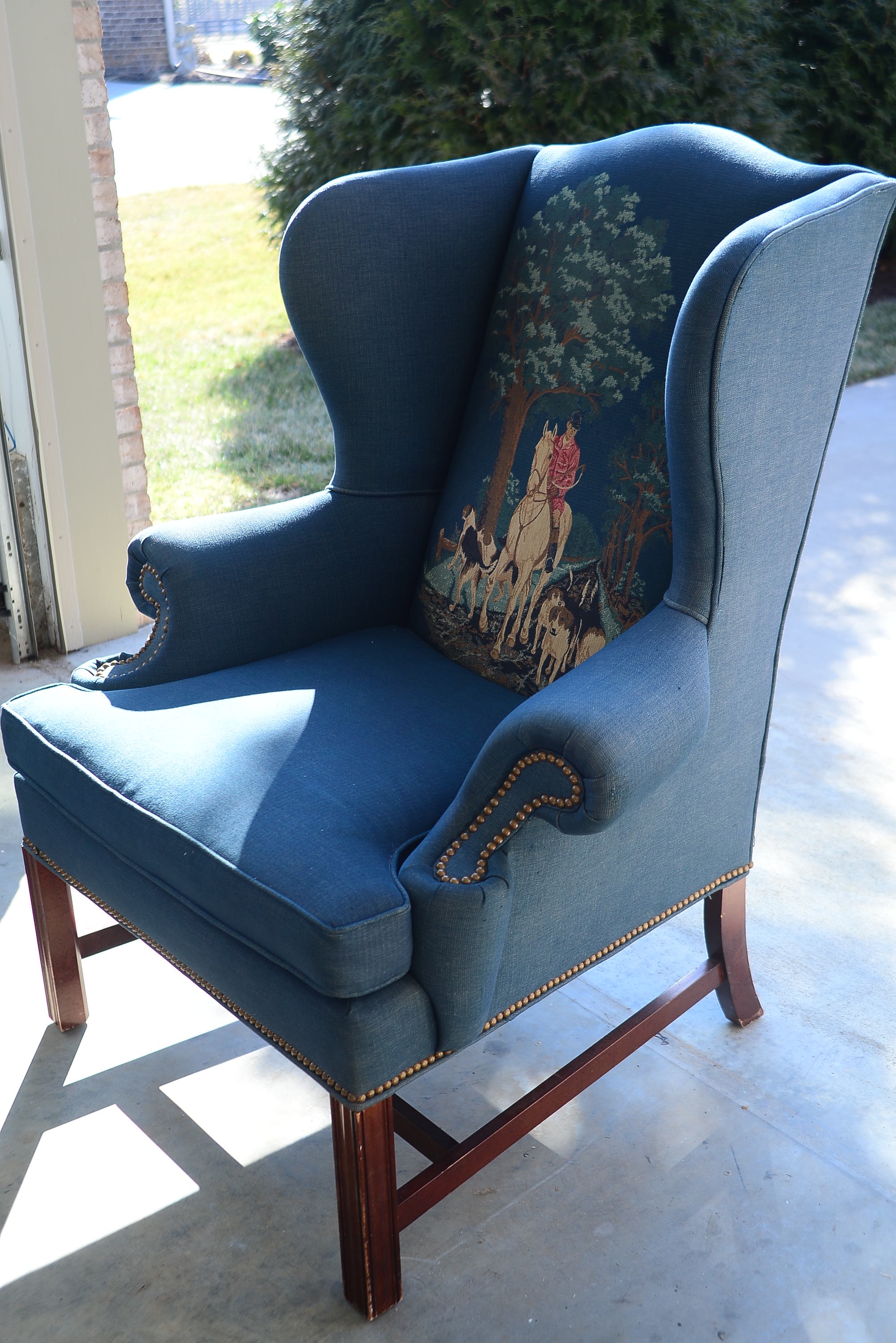 Large Fireside Fox Hunt Scene Wingback Chair