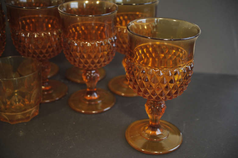 Collection of Retro Orange Pressed Glass Drinking Glasses