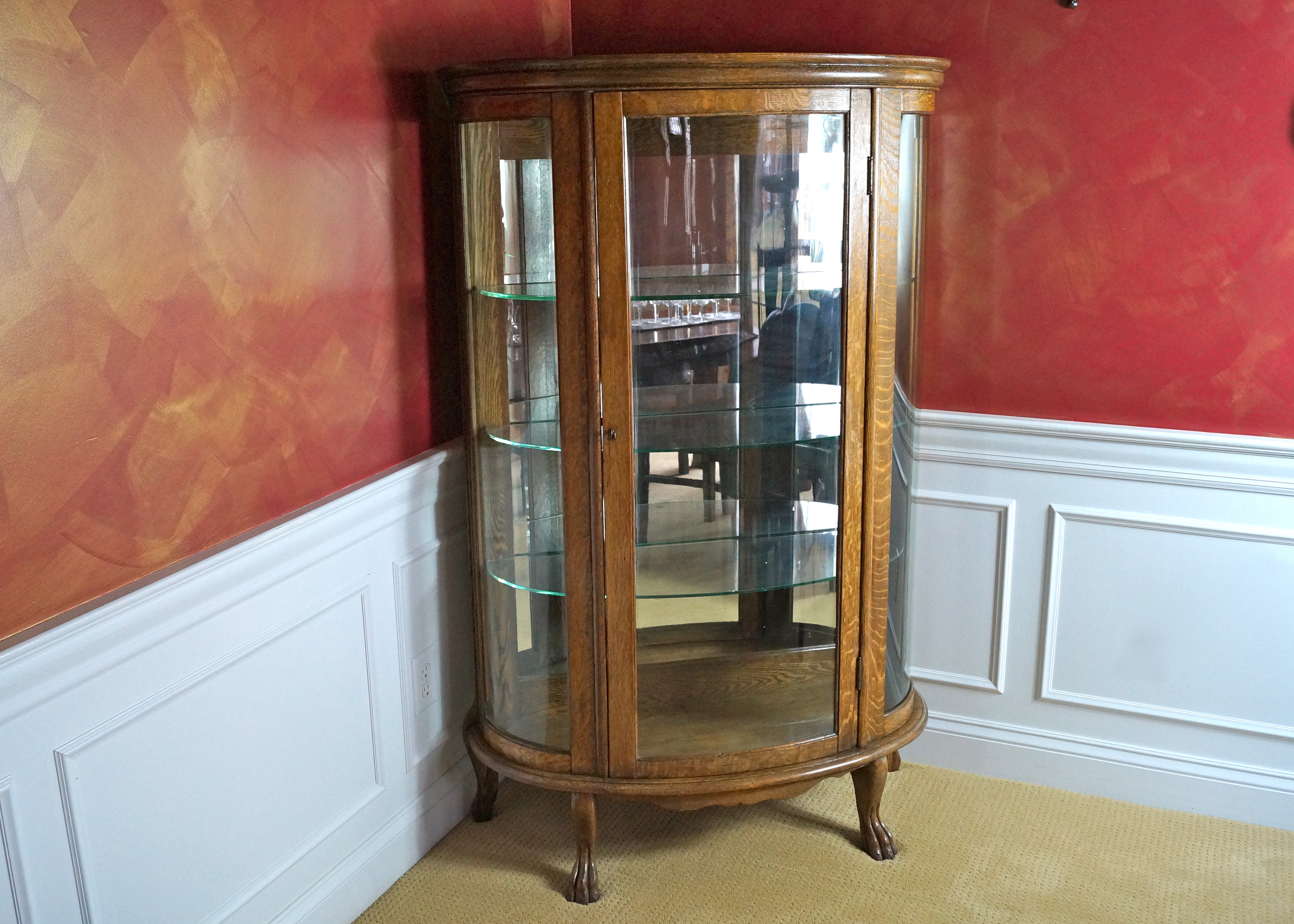 Antique Oak Curved Glass China Cabinet with Claw Feet