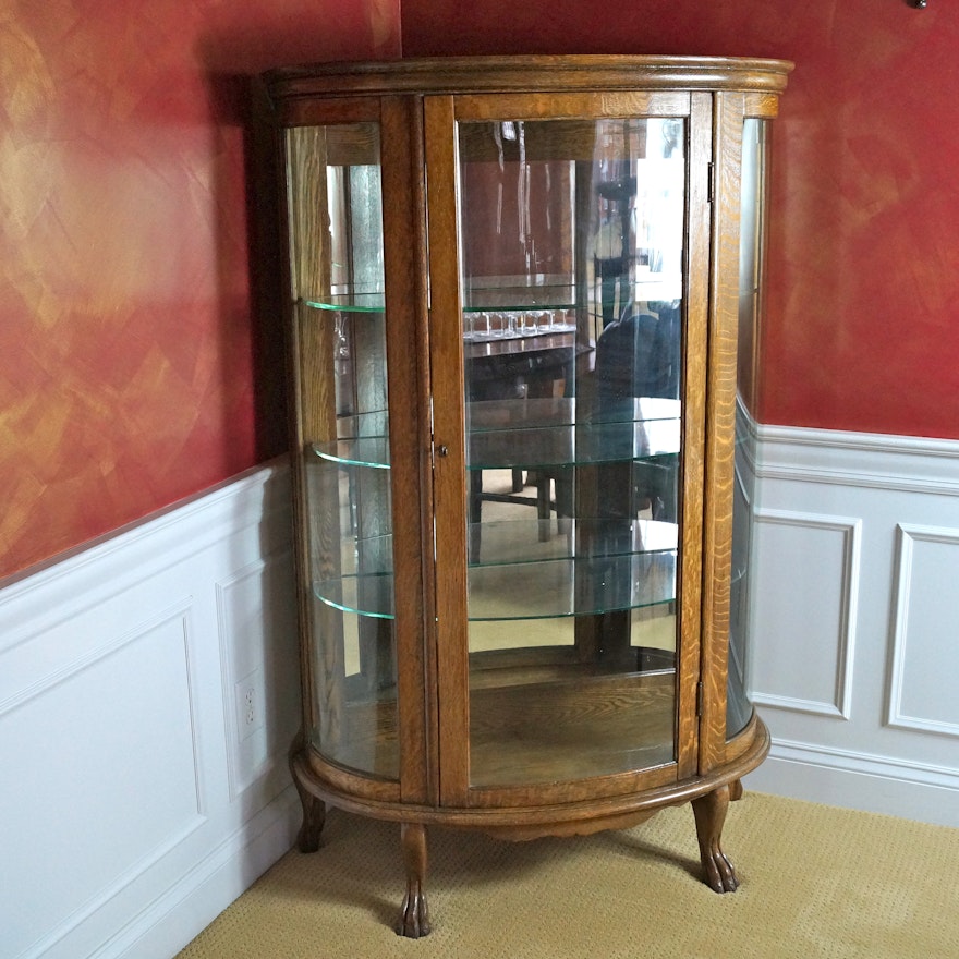 Antique Oak Curved Glass China Cabinet with Claw Feet