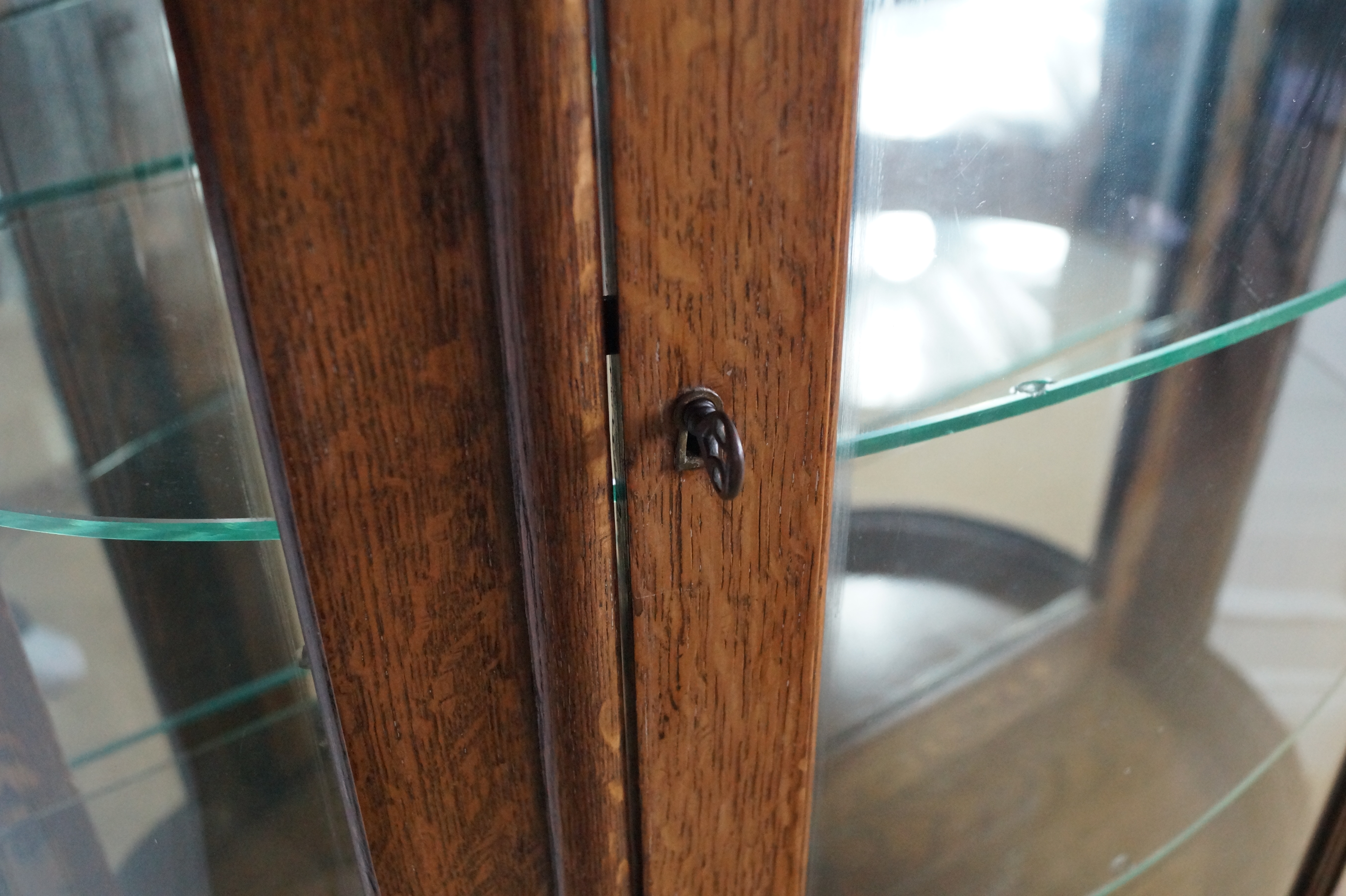 Antique Oak Curved Glass China Cabinet with Claw Feet