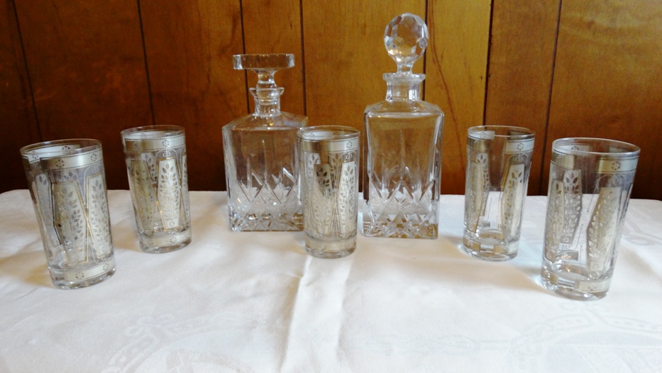 Two Cut Glass Decanters and Five Mid-Century Culver Glasses