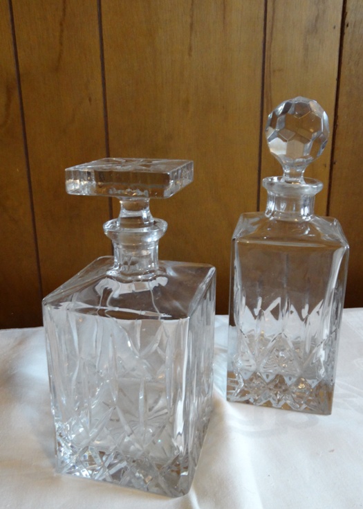 Two Cut Glass Decanters and Five Mid-Century Culver Glasses