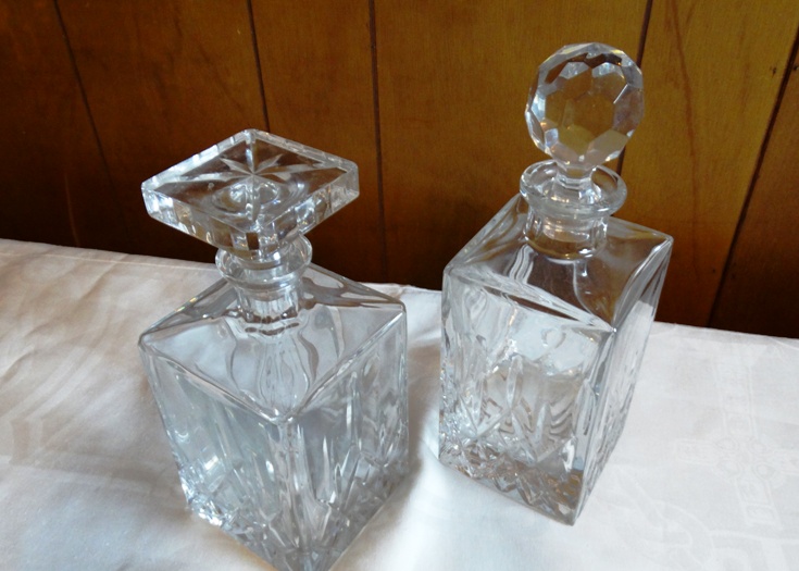 Two Cut Glass Decanters and Five Mid-Century Culver Glasses
