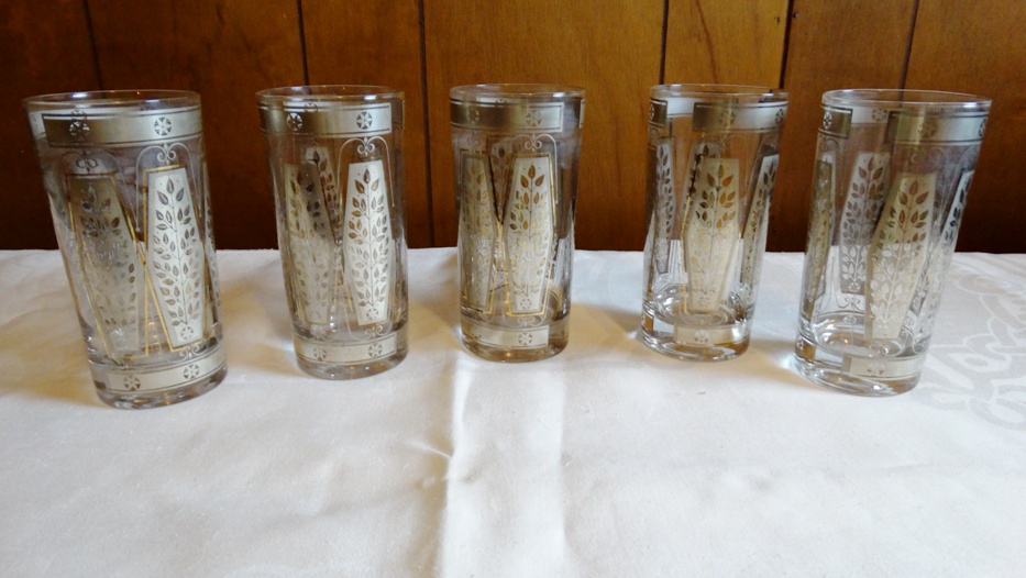 Two Cut Glass Decanters and Five Mid-Century Culver Glasses