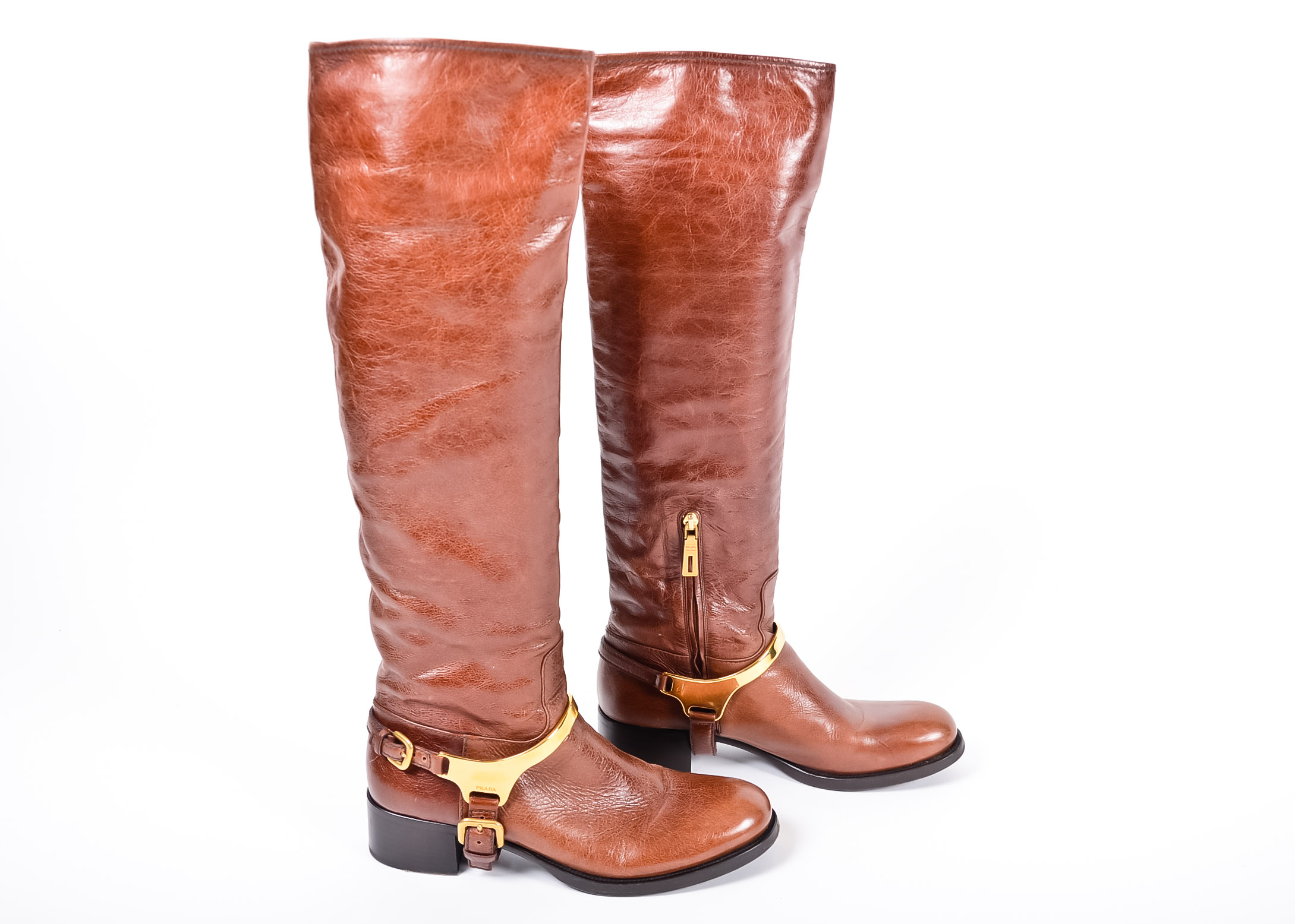 Prada Harness Riding Boots in Brown Leather