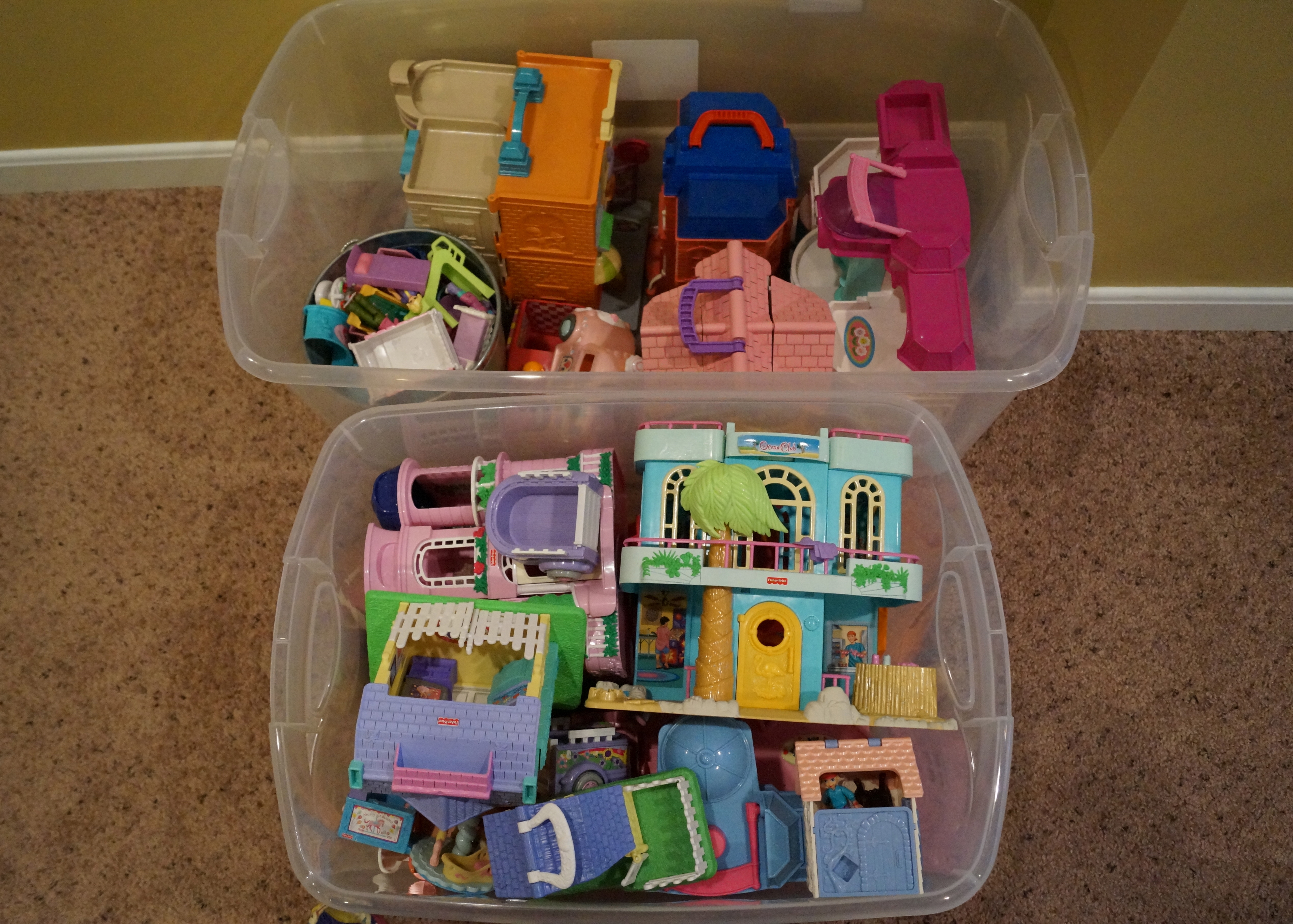 Two Bins Full of Fisher Price/Mattel Toys
