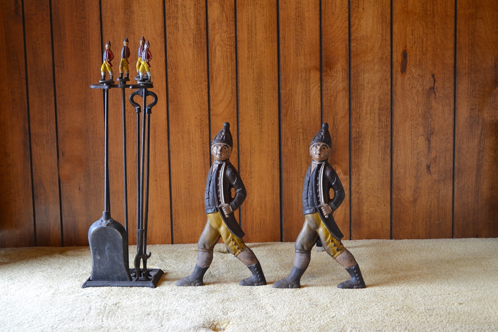 Reproduction Hessian Grenadier Cast Iron Andirons & Hearth Set