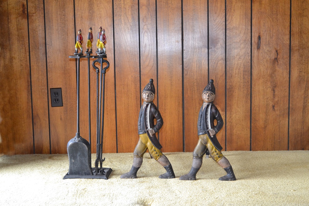 Reproduction Hessian Grenadier Cast Iron Andirons & Hearth Set