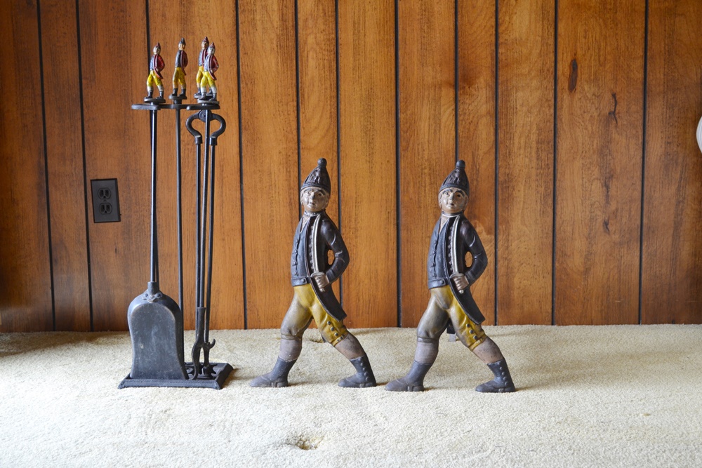 Reproduction Hessian Grenadier Cast Iron Andirons & Hearth Set