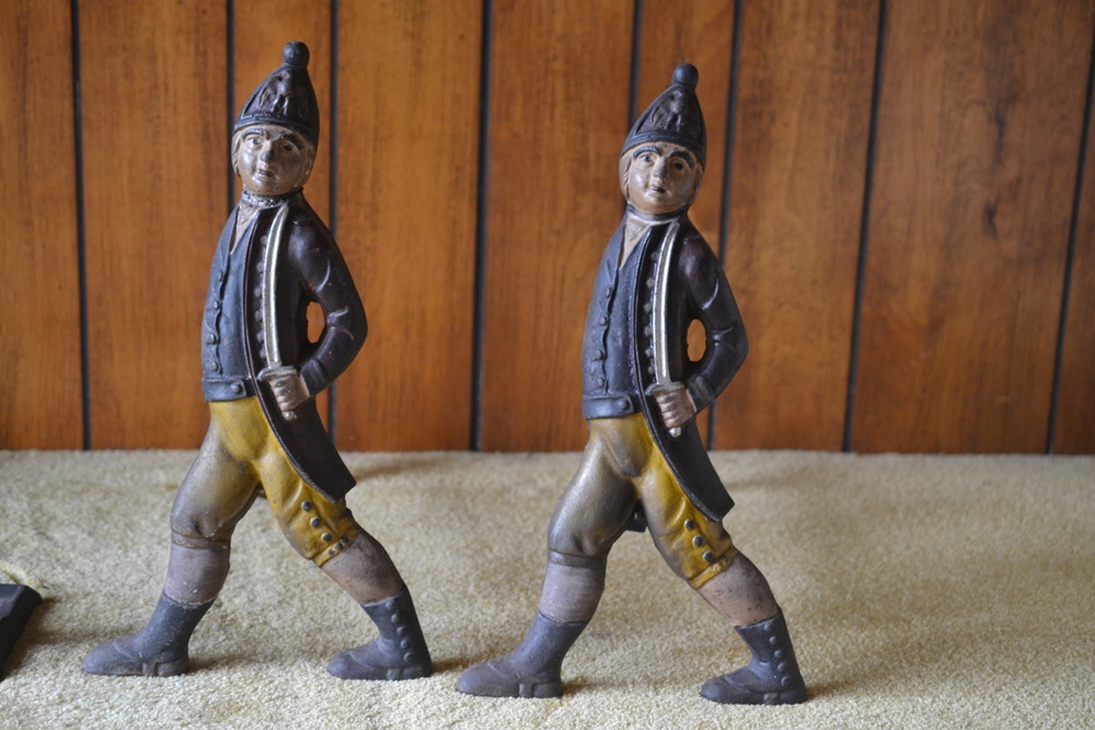 Reproduction Hessian Grenadier Cast Iron Andirons & Hearth Set