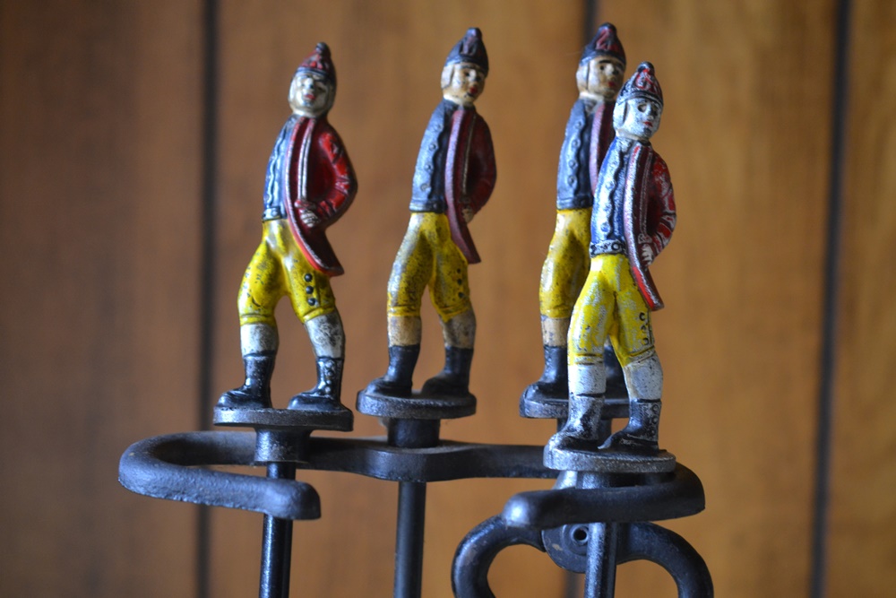 Reproduction Hessian Grenadier Cast Iron Andirons & Hearth Set