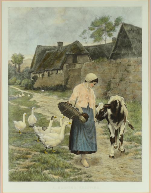 "A Morning Greeting" Hand-Painted Engraving, Circa 1885