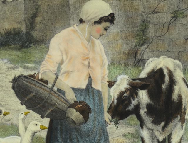 "A Morning Greeting" Hand-Painted Engraving, Circa 1885