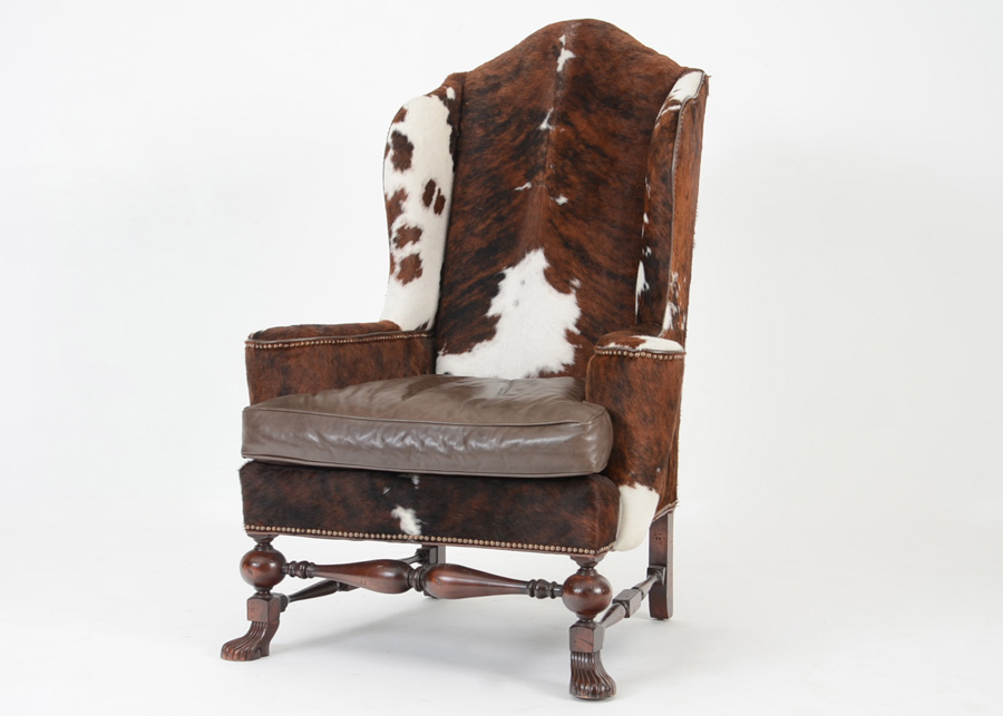 Southwestern Cowhide And Leather High Wingback Chair
