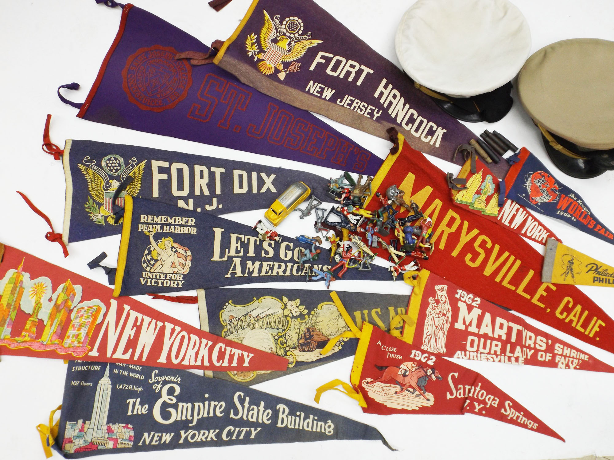 WWII Navy Hats, Vintage Metal Toy Soldiers and Felt Pennants