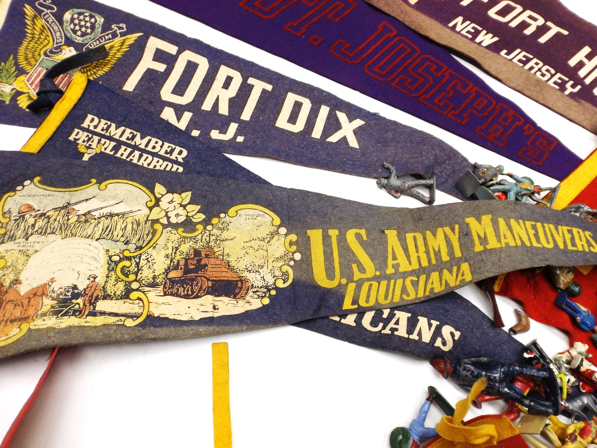 WWII Navy Hats, Vintage Metal Toy Soldiers and Felt Pennants