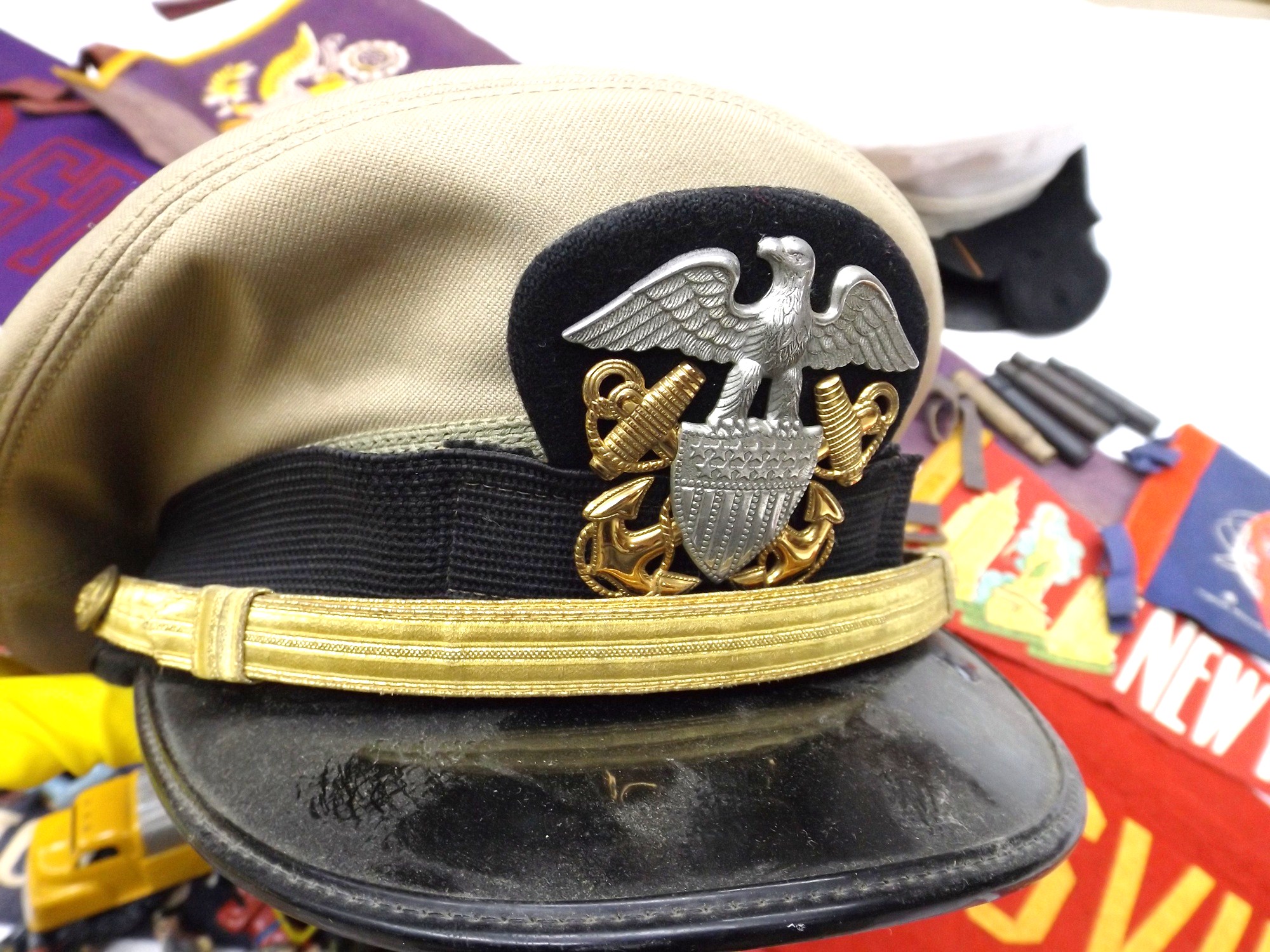 WWII Navy Hats, Vintage Metal Toy Soldiers and Felt Pennants