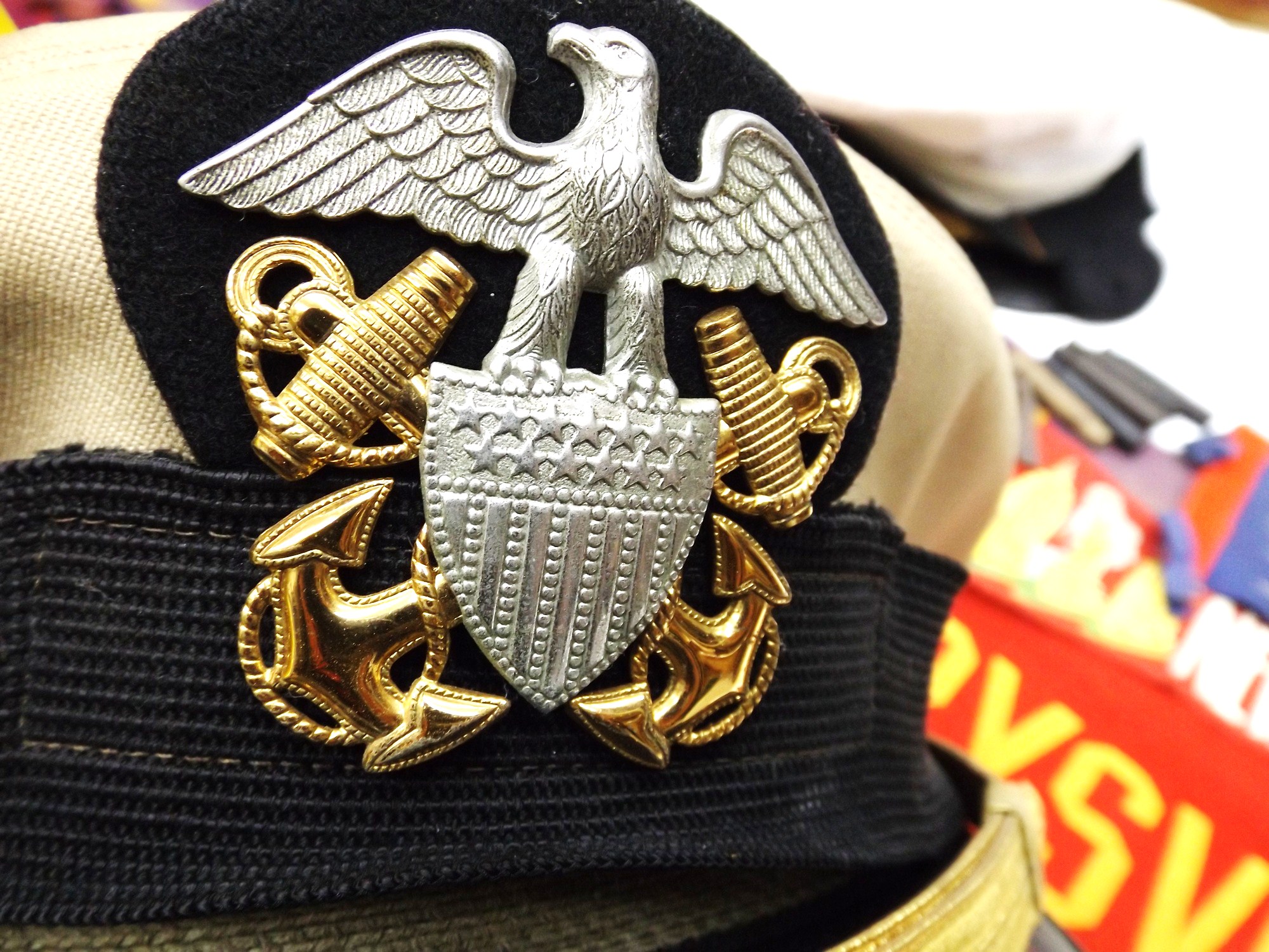 WWII Navy Hats, Vintage Metal Toy Soldiers and Felt Pennants