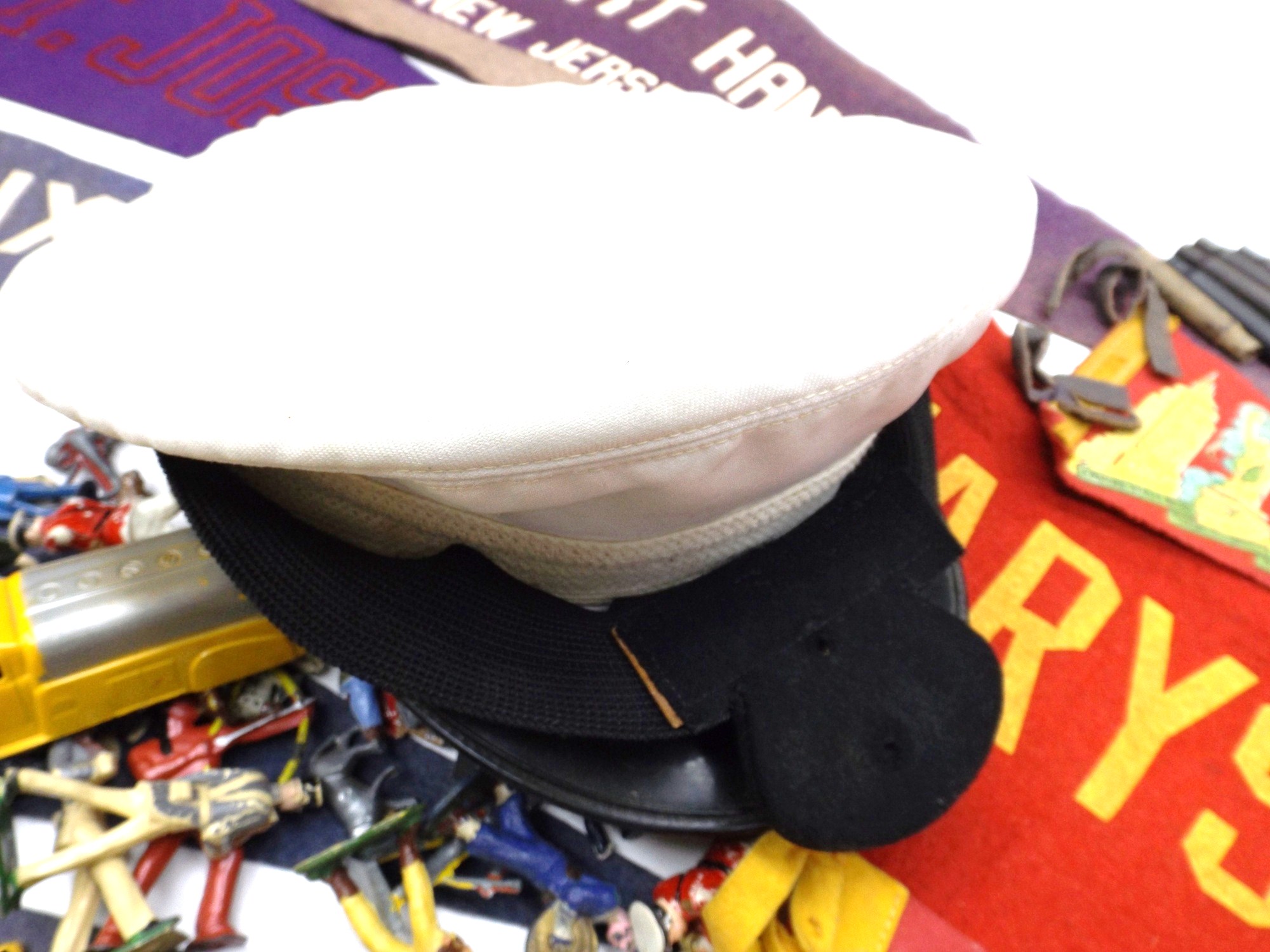 WWII Navy Hats, Vintage Metal Toy Soldiers and Felt Pennants
