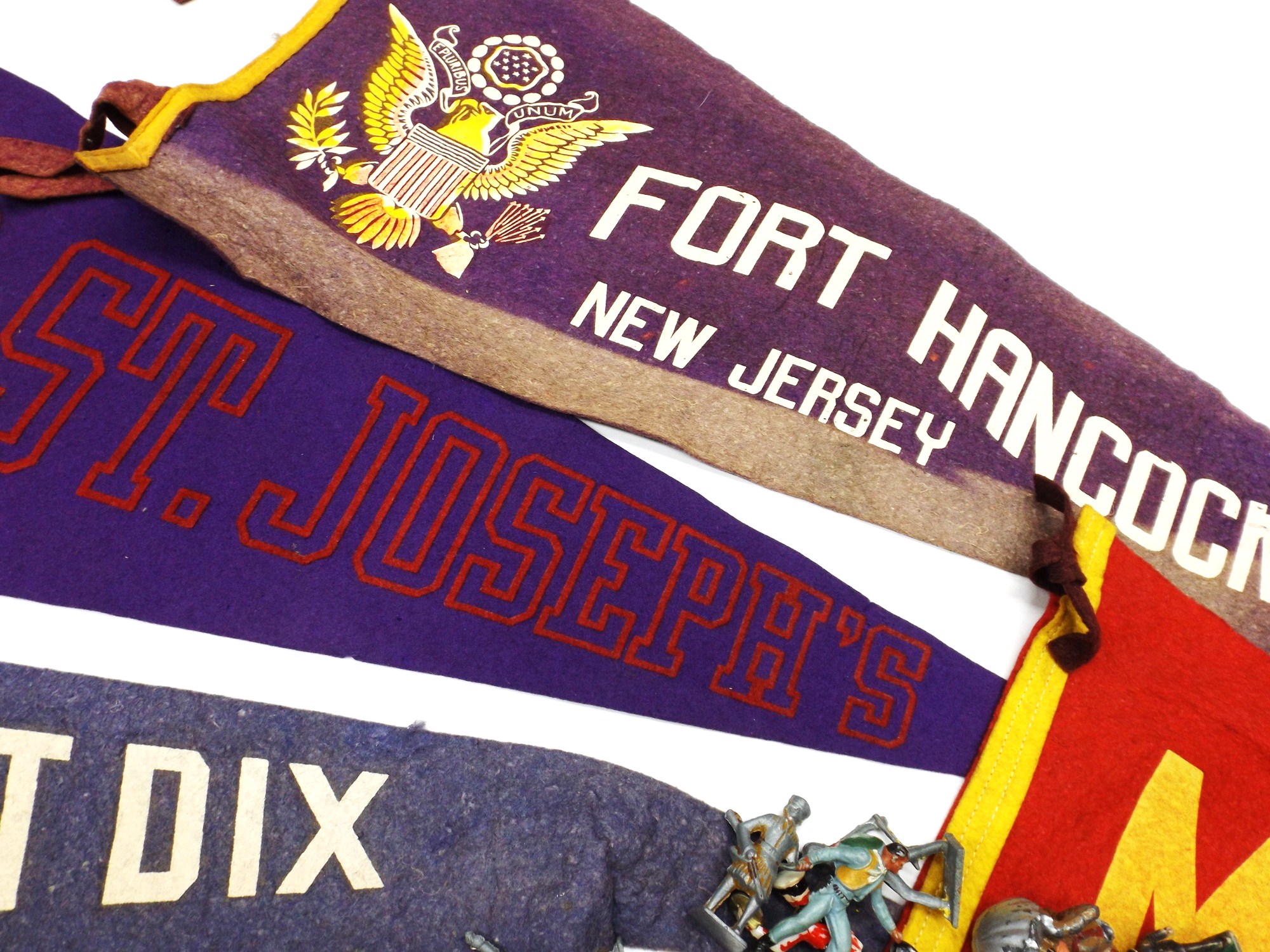 WWII Navy Hats, Vintage Metal Toy Soldiers and Felt Pennants