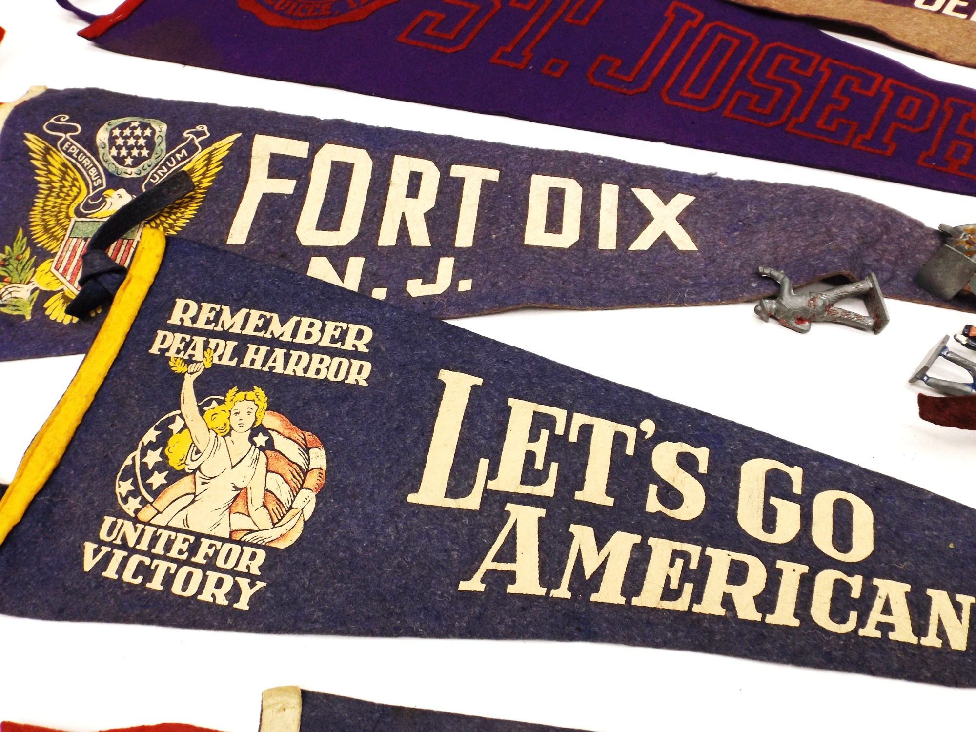 WWII Navy Hats, Vintage Metal Toy Soldiers and Felt Pennants