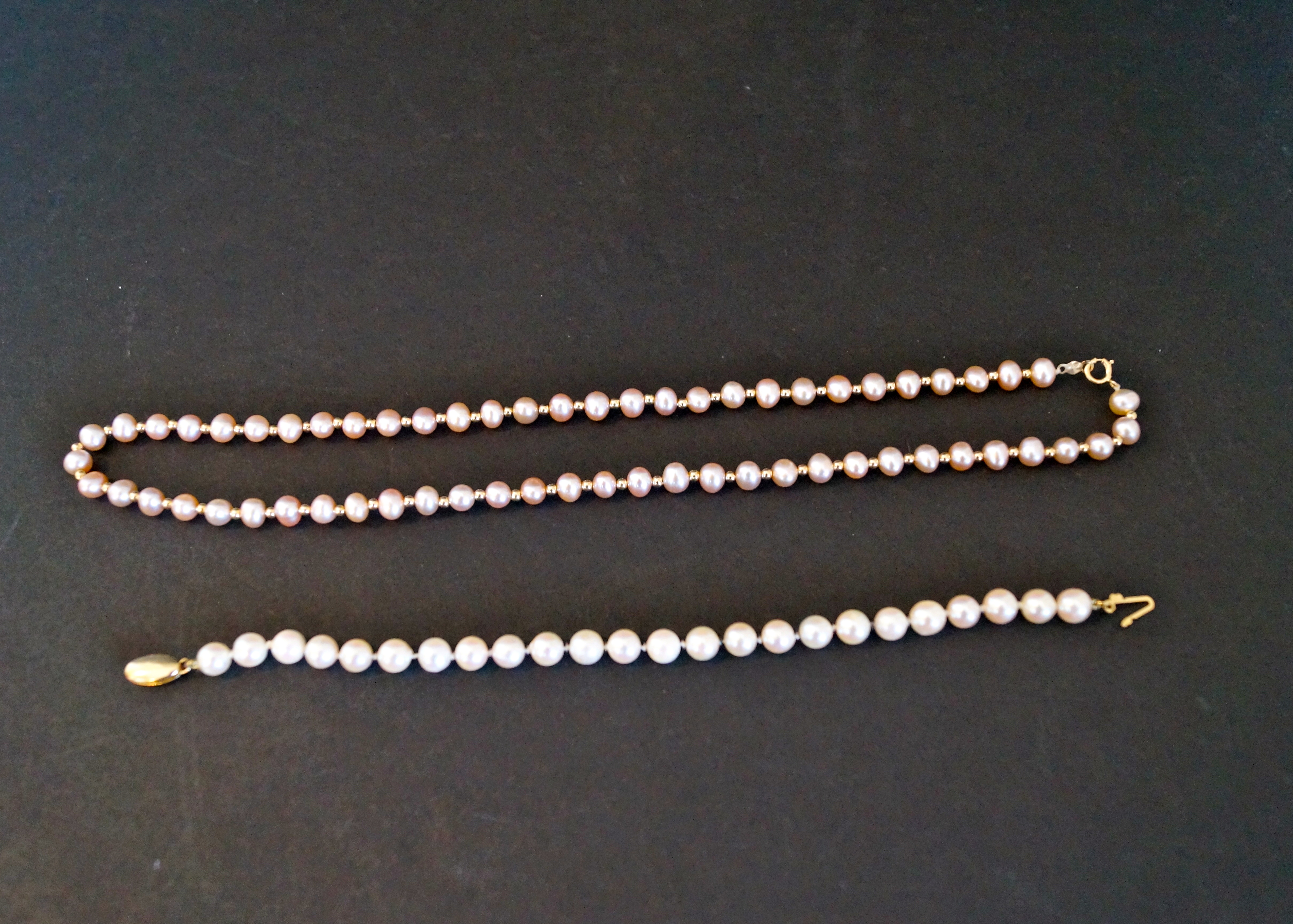 Cultured Pearl Necklace and Bracelet with 14K Gold Clasps