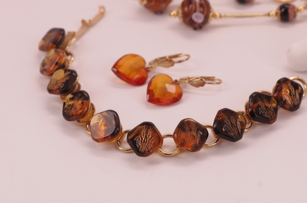 Vintage Costume Jewelry with Etched Amber Glass Bracelet