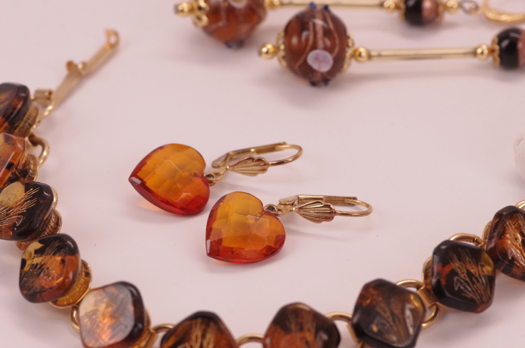 Vintage Costume Jewelry with Etched Amber Glass Bracelet