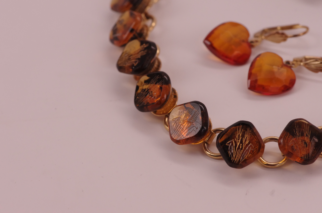 Vintage Costume Jewelry with Etched Amber Glass Bracelet