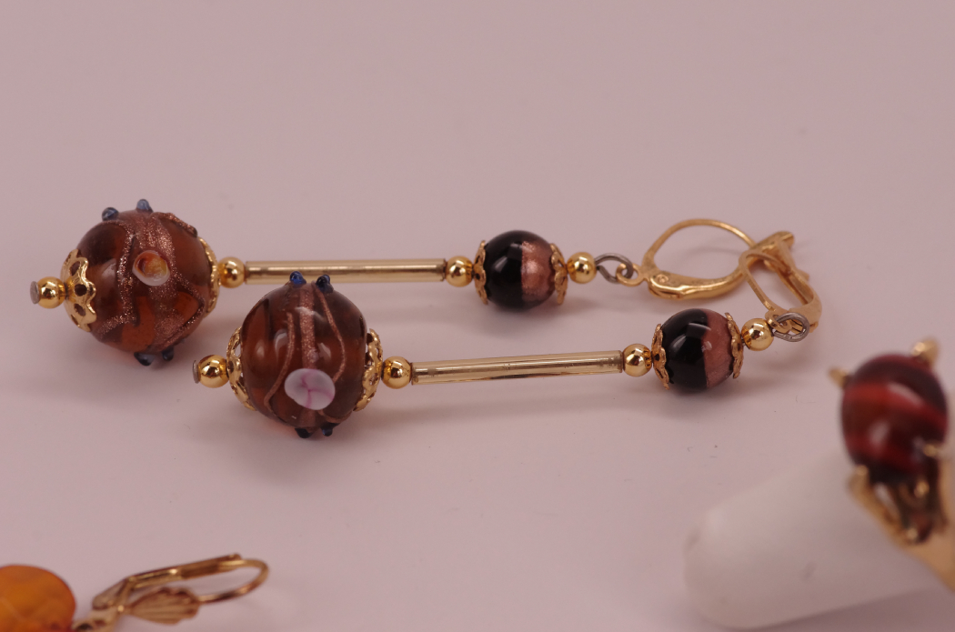 Vintage Costume Jewelry with Etched Amber Glass Bracelet