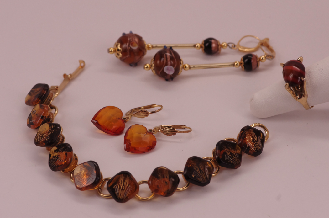 Vintage Costume Jewelry with Etched Amber Glass Bracelet