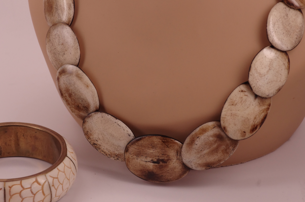 Polished Wood Bead Necklace with Coordinating Inlay Bracelet