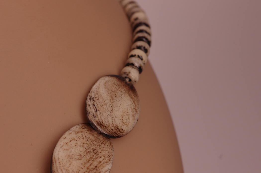 Polished Wood Bead Necklace with Coordinating Inlay Bracelet