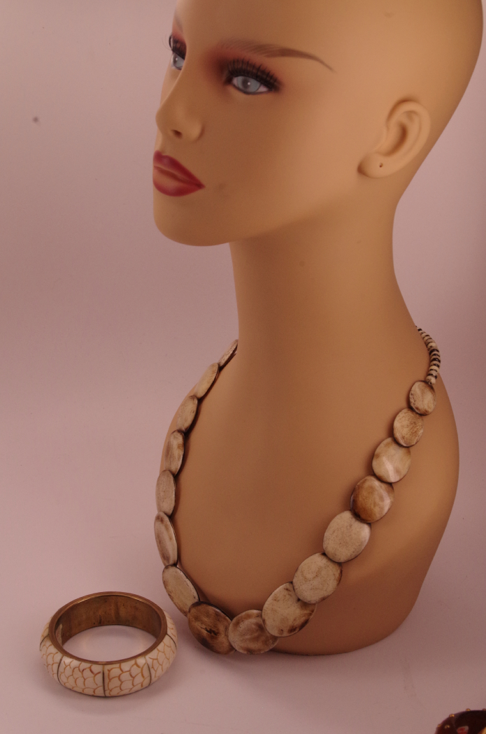 Polished Wood Bead Necklace with Coordinating Inlay Bracelet