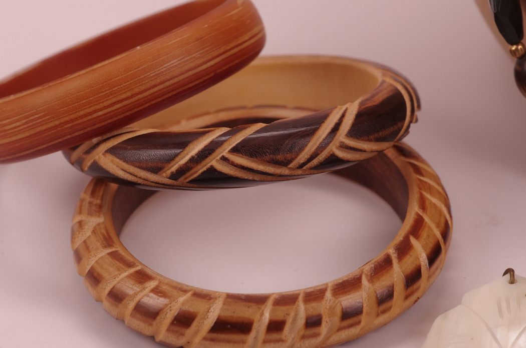 Collection of Wood Bangle Bracelets with Beaded Necklace
